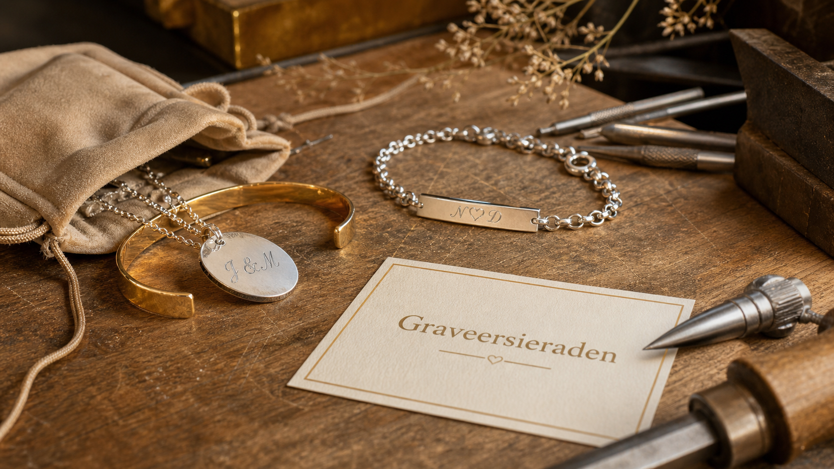 Graveersieraden op een juwelierswerkbank met hanger en armband